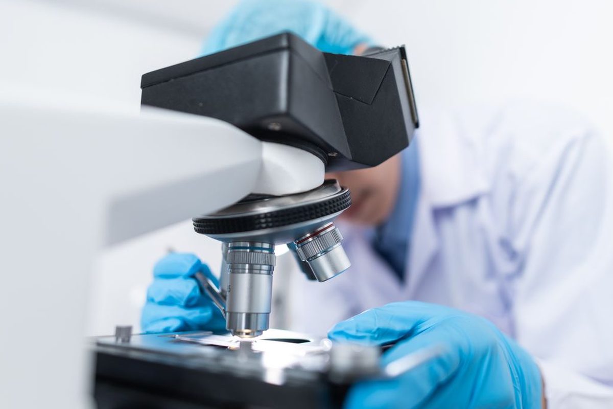 Scientist examining a specimen under a laboratory microscope